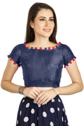 Aastha Fashion Navy Blue Art Sleek Boat Neck Potli Design In Neck Or Sleeve Readymade Blouse | Grocsy