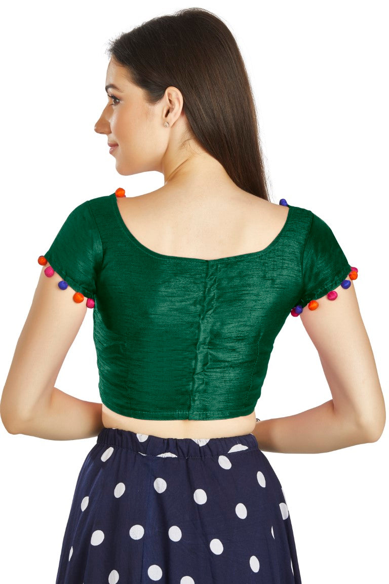 Aastha Fashion Bottle Green Art Sleek Boat Neck Potli Design In Neck Or Sleeve Readymade Blouse | Grocsy