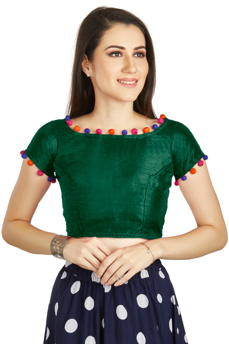 Aastha Fashion Bottle Green Art Sleek Boat Neck Potli Design In Neck Or Sleeve Readymade Blouse | Grocsy