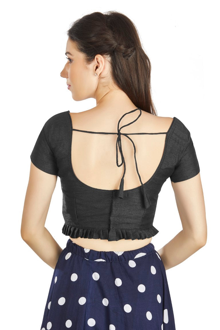 Aastha Fashion Black Art Silk Pleated Boat Neck Princes Readymade Blouse | Grocsy
