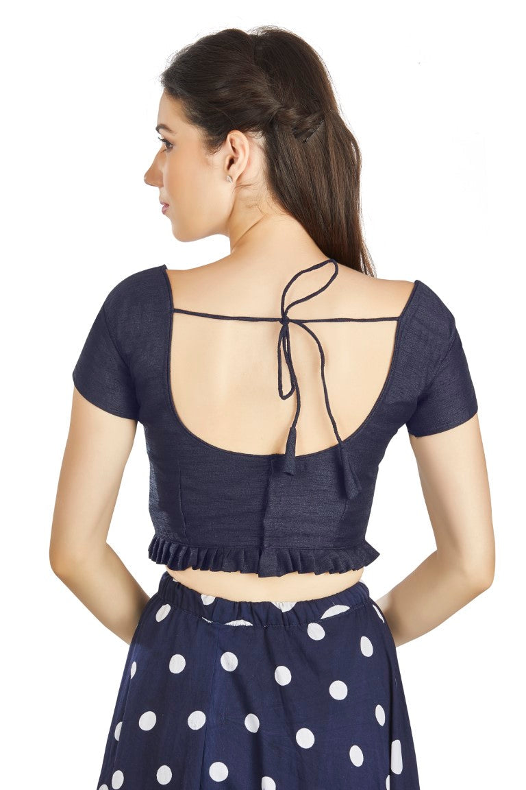 Aastha Fashion Navy Blue Art Silk Pleated Boat Neck Princes Readymade Blouse | Grocsy
