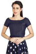 Aastha Fashion Navy Blue Art Silk Pleated Boat Neck Princes Readymade Blouse | Grocsy