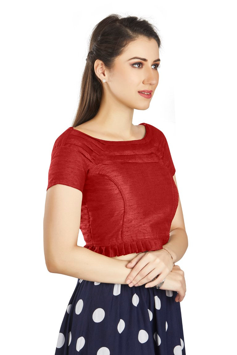 Aastha Fashion Red Art Silk Pleated Boat Neck Princes Readymade Blouse | Grocsy