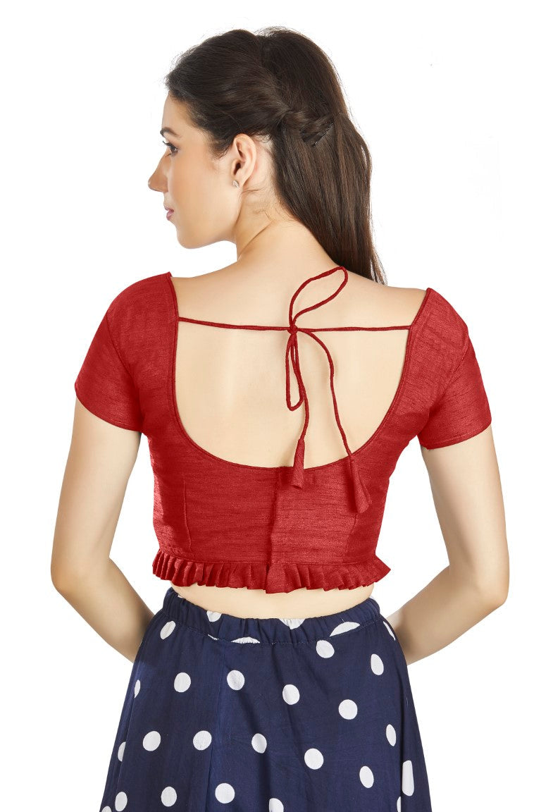 Aastha Fashion Red Art Silk Pleated Boat Neck Princes Readymade Blouse | Grocsy