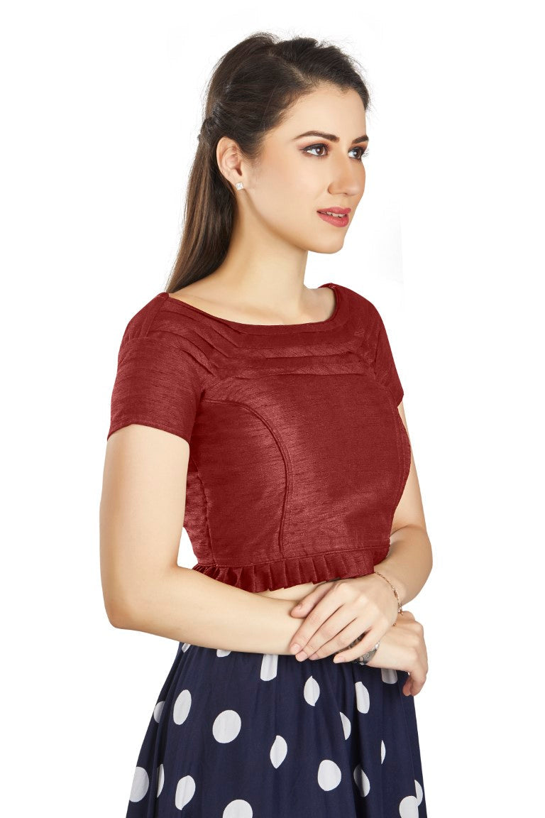 Aastha Fashion Maroon Art Silk Pleated Boat Neck Princes Readymade Blouse | Grocsy