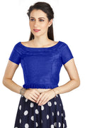 Aastha Fashion Royal Blue Art Silk Pleated Boat Neck Princes Readymade Blouse | Grocsy