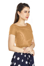 Aastha Fashion Beige Art Silk Pleated Boat Neck Princes Readymade Blouse | Grocsy