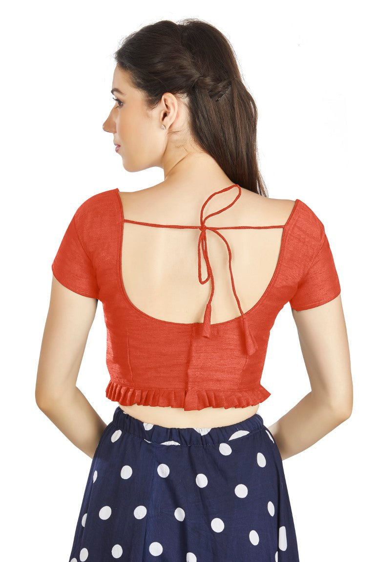 Aastha Fashion Orange Art Silk Pleated Boat Neck Princes Readymade Blouse | Grocsy