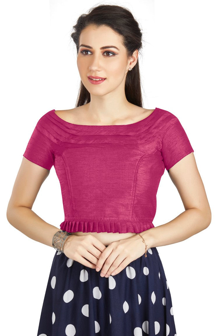 Aastha Fashion Pink Art Silk Pleated Boat Neck Princes Readymade Blouse | Grocsy