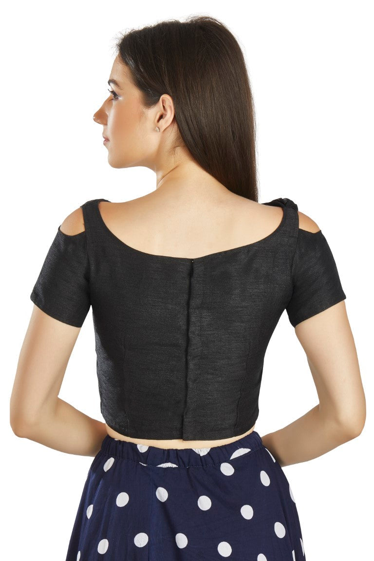 Aastha Fashion Black Art Silk V Neck Frill neck Work Readymade Blouse | Grocsy