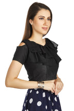 Aastha Fashion Black Art Silk V Neck Frill neck Work Readymade Blouse | Grocsy