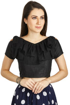 Aastha Fashion Black Art Silk V Neck Frill neck Work Readymade Blouse | Grocsy