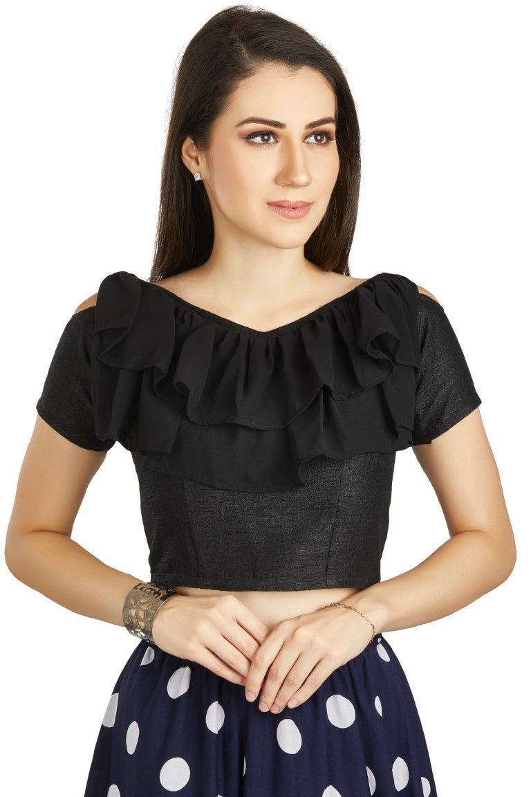 Aastha Fashion Black Art Silk V Neck Frill neck Work Readymade Blouse | Grocsy