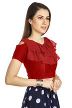 Aastha Fashion Red Art Silk V Neck Frill neck Work Readymade Blouse | Grocsy