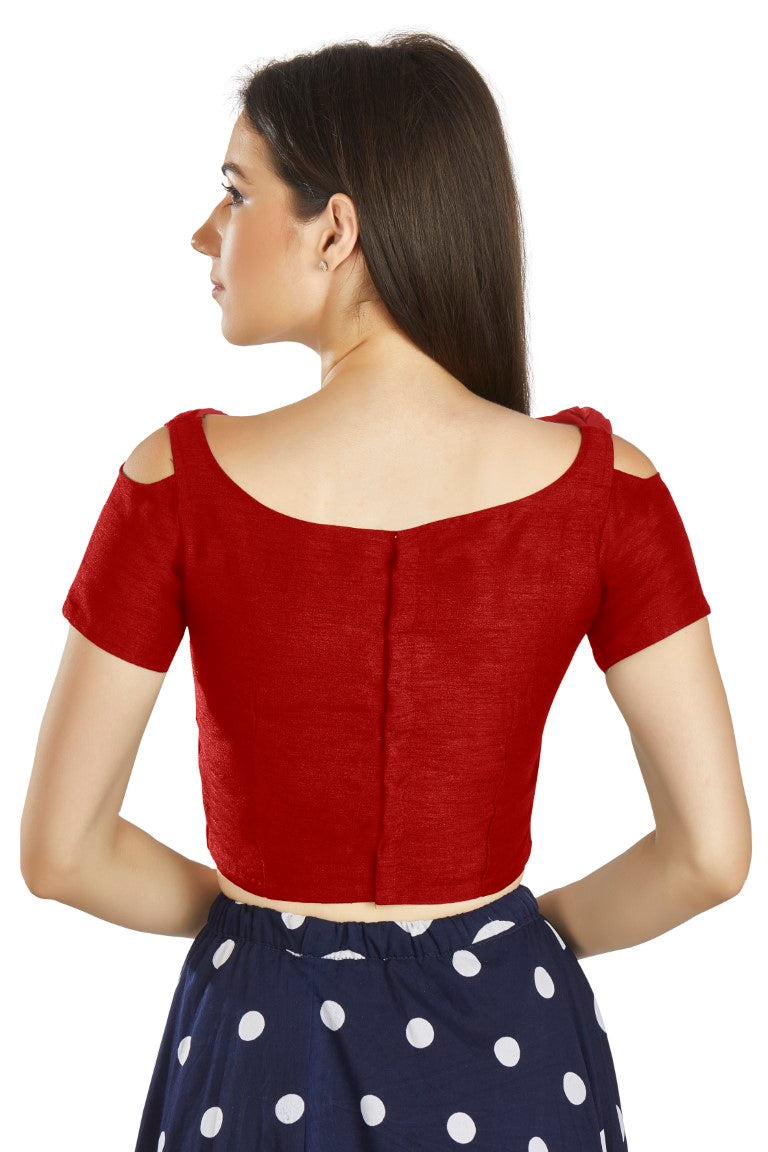 Aastha Fashion Red Art Silk V Neck Frill neck Work Readymade Blouse | Grocsy