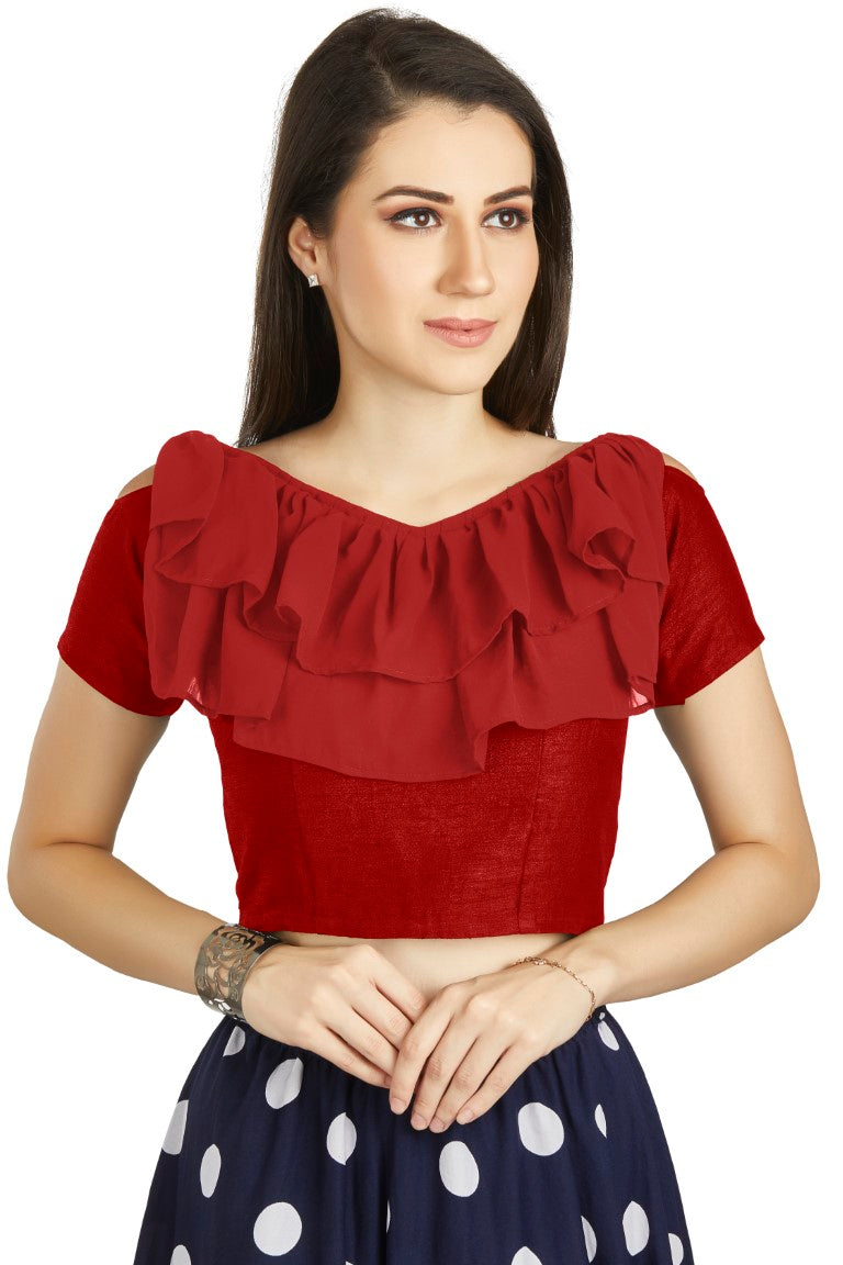 Aastha Fashion Red Art Silk V Neck Frill neck Work Readymade Blouse | Grocsy