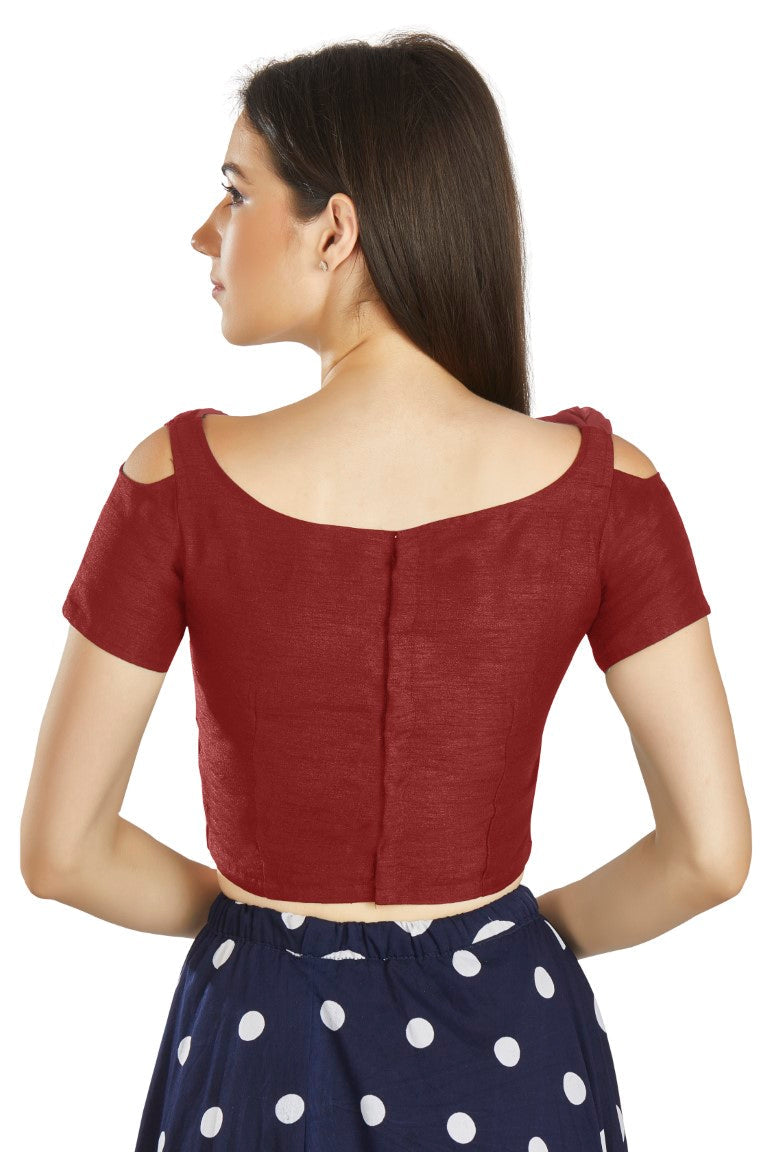 Aastha Fashion Maroon Art Silk V Neck Frill neck Work Readymade Blouse | Grocsy