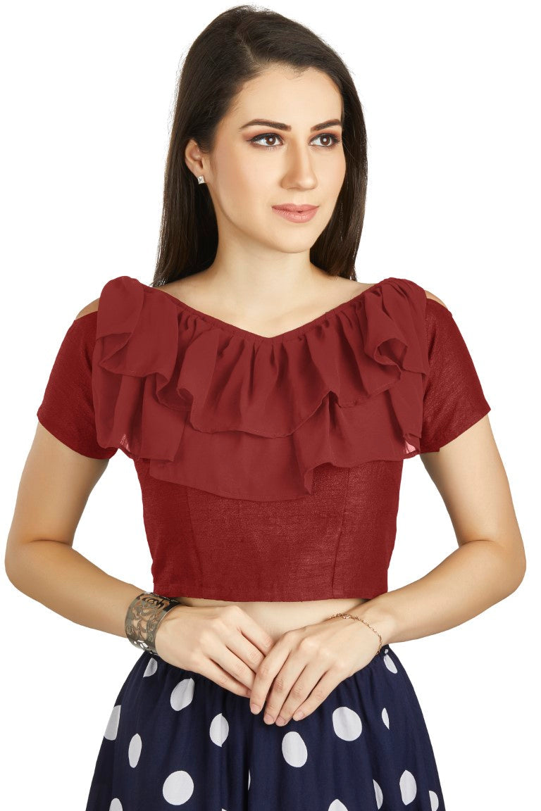 Aastha Fashion Maroon Art Silk V Neck Frill neck Work Readymade Blouse | Grocsy