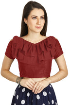 Aastha Fashion Maroon Art Silk V Neck Frill neck Work Readymade Blouse | Grocsy