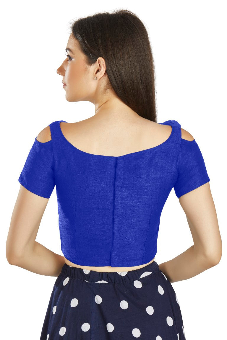 Aastha Fashion Royal Blue Art Silk V Neck Frill neck Work Readymade Blouse | Grocsy