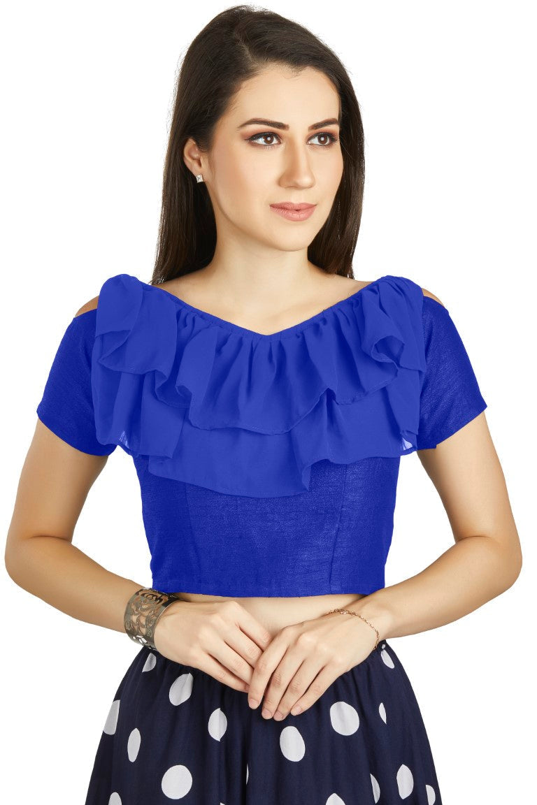 Aastha Fashion Royal Blue Art Silk V Neck Frill neck Work Readymade Blouse | Grocsy