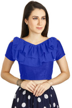 Aastha Fashion Royal Blue Art Silk V Neck Frill neck Work Readymade Blouse | Grocsy