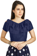 Aastha Fashion Navy Blue Art Silk V Neck Frill neck Work Readymade Blouse | Grocsy