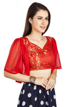 Aastha Fashion Red Brocade V Neck Pleated Frill In Sleeve Readymade Blouse | Grocsy