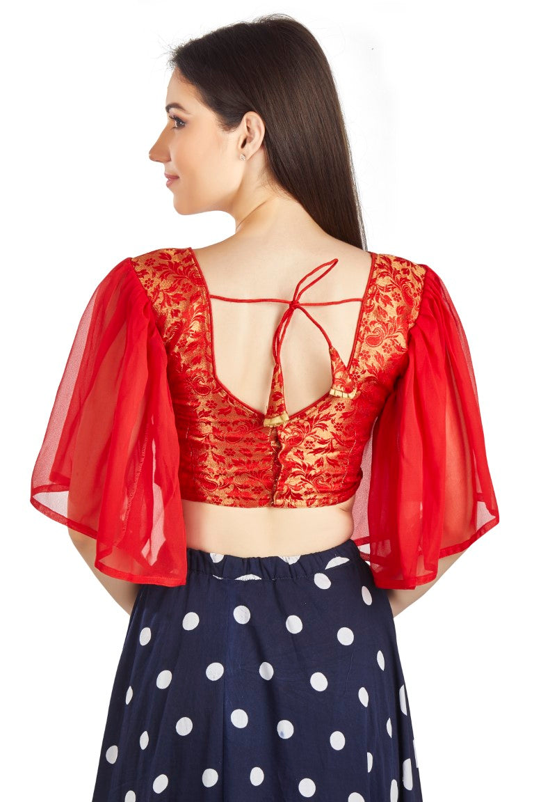 Aastha Fashion Red Brocade V Neck Pleated Frill In Sleeve Readymade Blouse | Grocsy