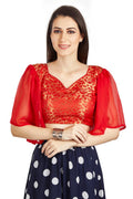 Aastha Fashion Red Brocade V Neck Pleated Frill In Sleeve Readymade Blouse | Grocsy