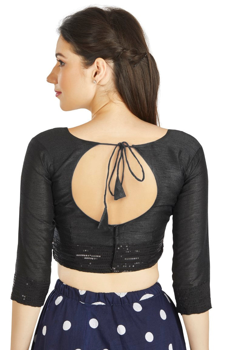 Aastha Fashion Black Art Silk Round Neck Sequence Border in Sleeves Or Waist Readymade Blouse | Grocsy