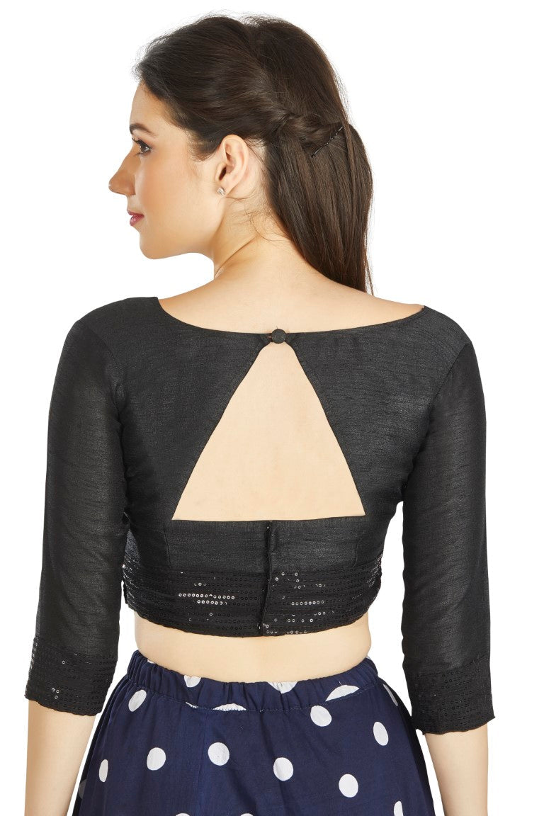 Aastha Fashion Black Art Silk Round Neck Sequence Border in Sleeves Or Waist Readymade Blouse | Grocsy