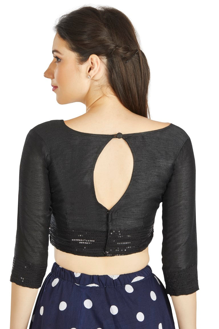 Aastha Fashion Black Art Silk Sweet Heart Neck Sequence Border in Sleeves Or Waist Readymade Blouse | Grocsy