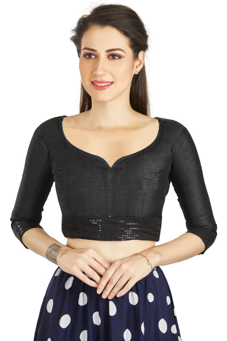 Aastha Fashion Black Art Silk Round Neck Sequence Border in Sleeves Or Waist Readymade Blouse | Grocsy