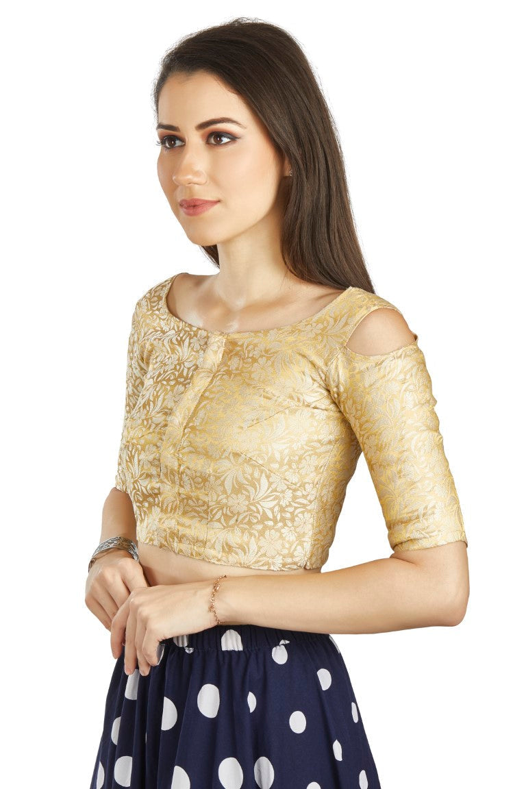 Aastha Fashion Beige Brocade Boat Neck Cold Sleeve Readymade Blouse | Grocsy