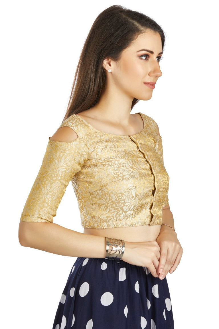 Aastha Fashion Beige Brocade Boat Neck Cold Sleeve Readymade Blouse | Grocsy