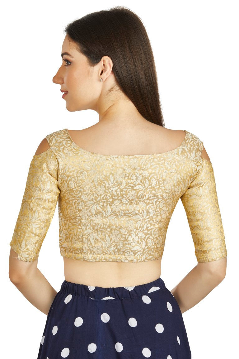 Aastha Fashion Beige Brocade Boat Neck Cold Sleeve Readymade Blouse | Grocsy