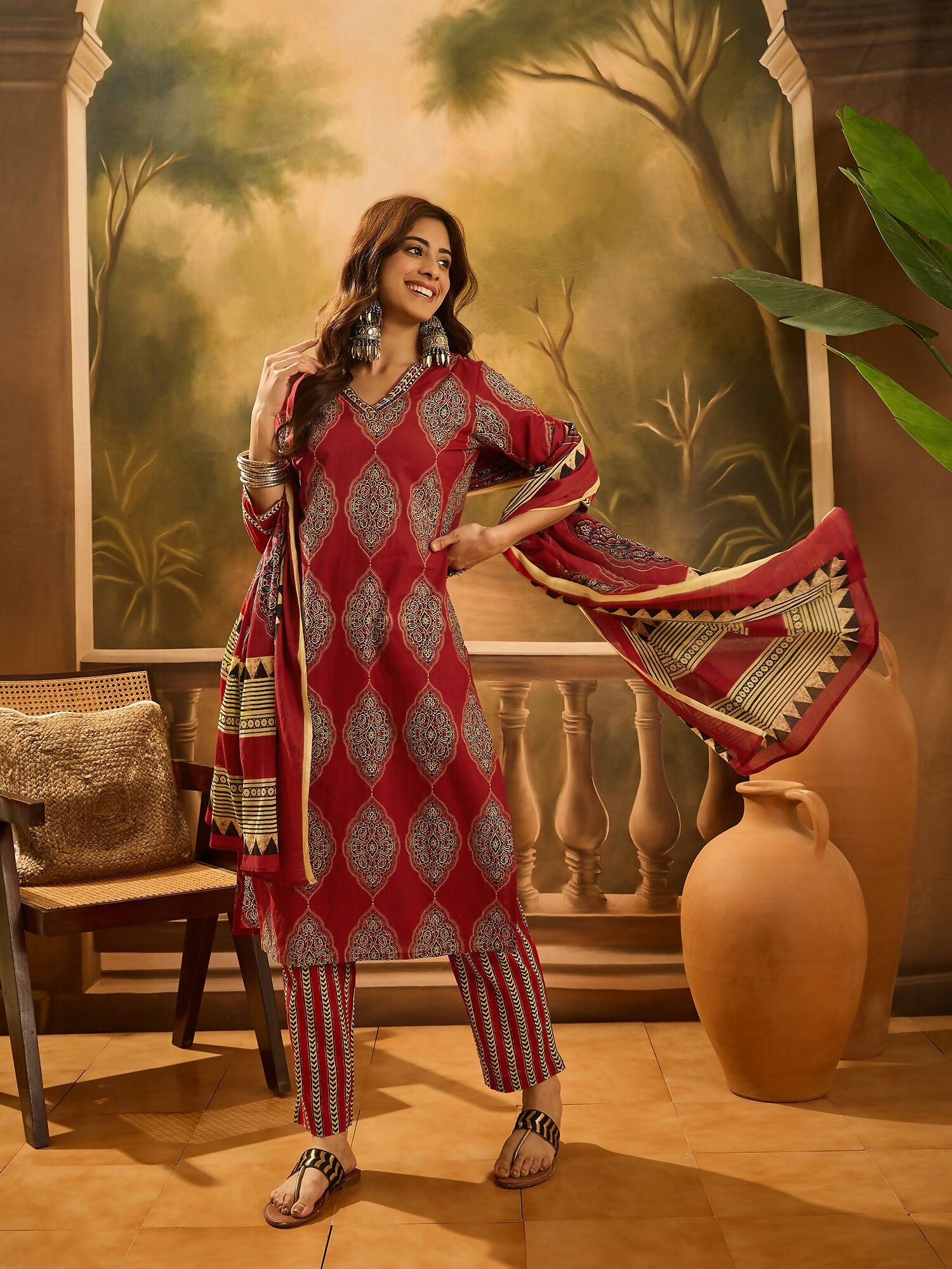 Joban Fashion Printed Maroon Pure Cotton Kurta Set | Grocsy