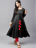 Women's Black Flared Kurti With Front Round Neck And Choli Cut With Dori And Tassels - G & A Apparels | Grocsy