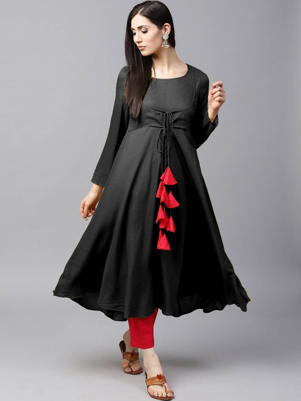 Women's Black Flared Kurti With Front Round Neck And Choli Cut With Dori And Tassels - G & A Apparels | Grocsy