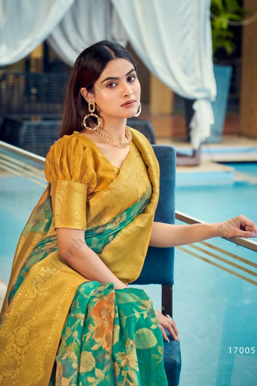 Exclusive Collection Wedding Green Golden Collection Banarasi Silk Saree With Rich Pallu | Grocsy