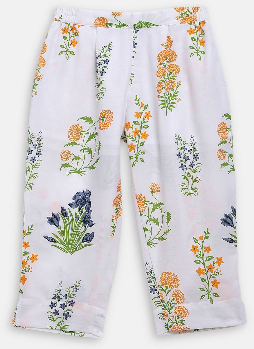 Ahalyaa White Cotton Straight Floral Printed Kids Kurta Pant Sets With Dupatta For Girls | Grocsy