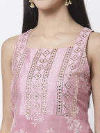 Myshka Women Peach Cotton Blend Printed Sleeveless Shoulder Straps Kurta With Sharara & Dupatta Set | Grocsy