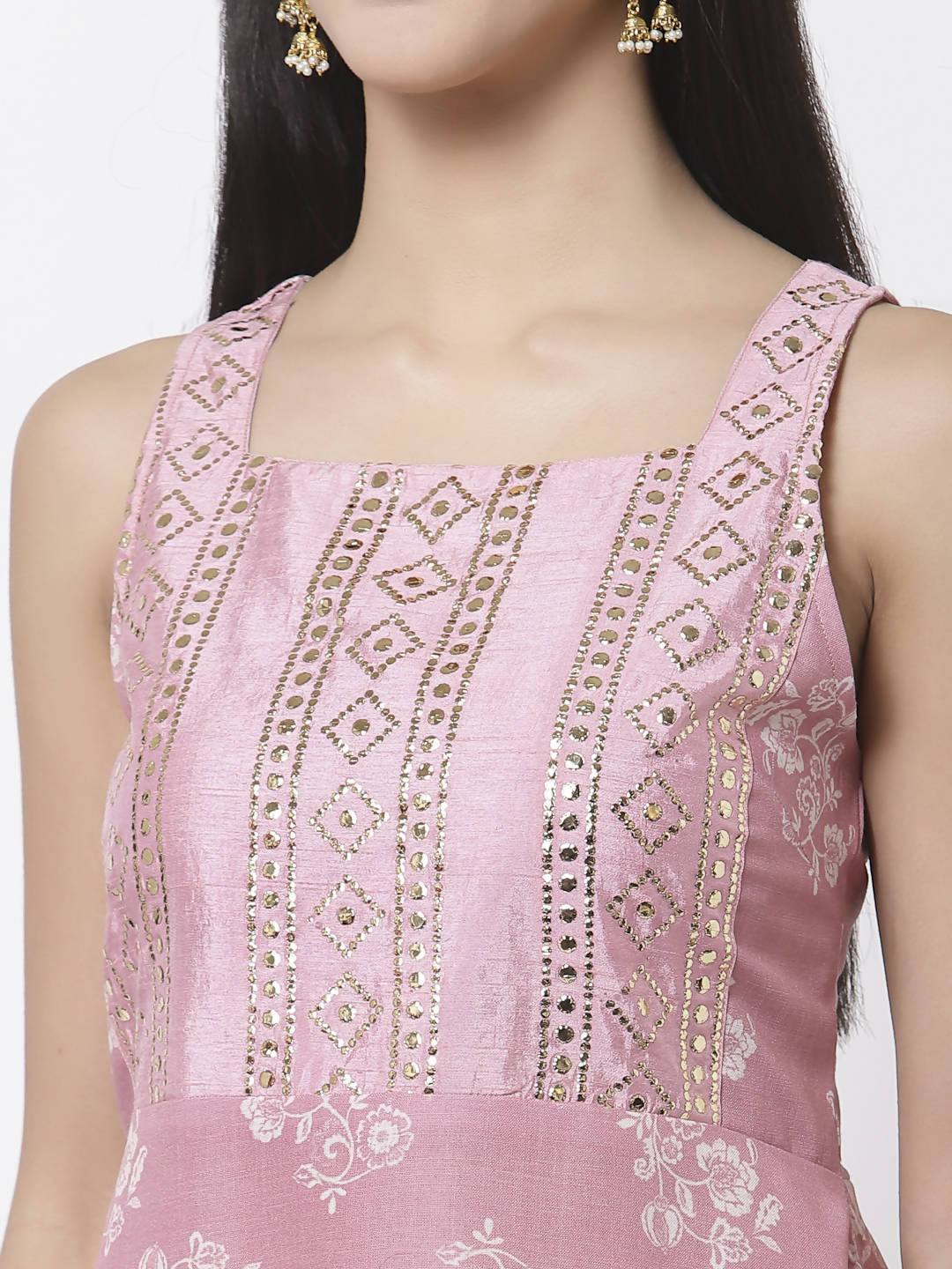 Myshka Women Peach Cotton Blend Printed Sleeveless Shoulder Straps Kurta With Sharara & Dupatta Set | Grocsy