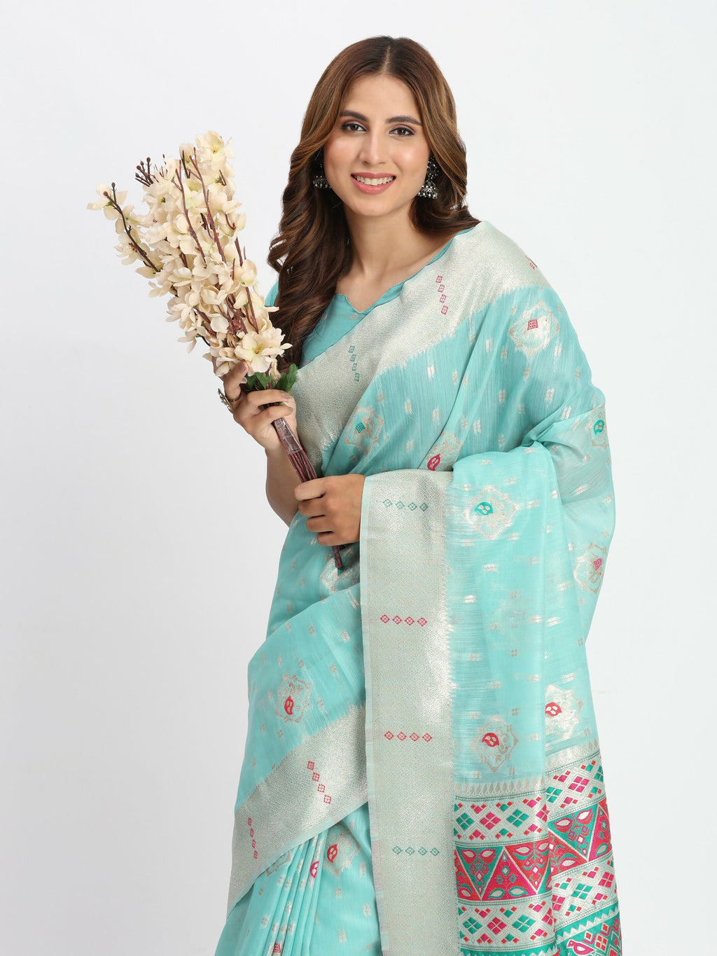 Shree Shyam Fashion Linen Cotton Sea Green Saree | Grocsy
