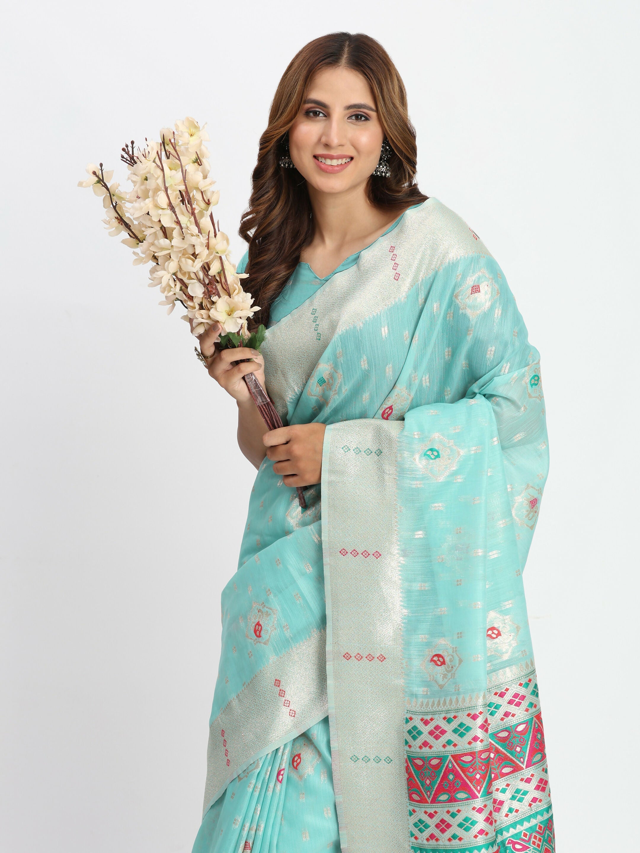 Shree Shyam Fashion Linen Cotton Sea Green Saree | Grocsy