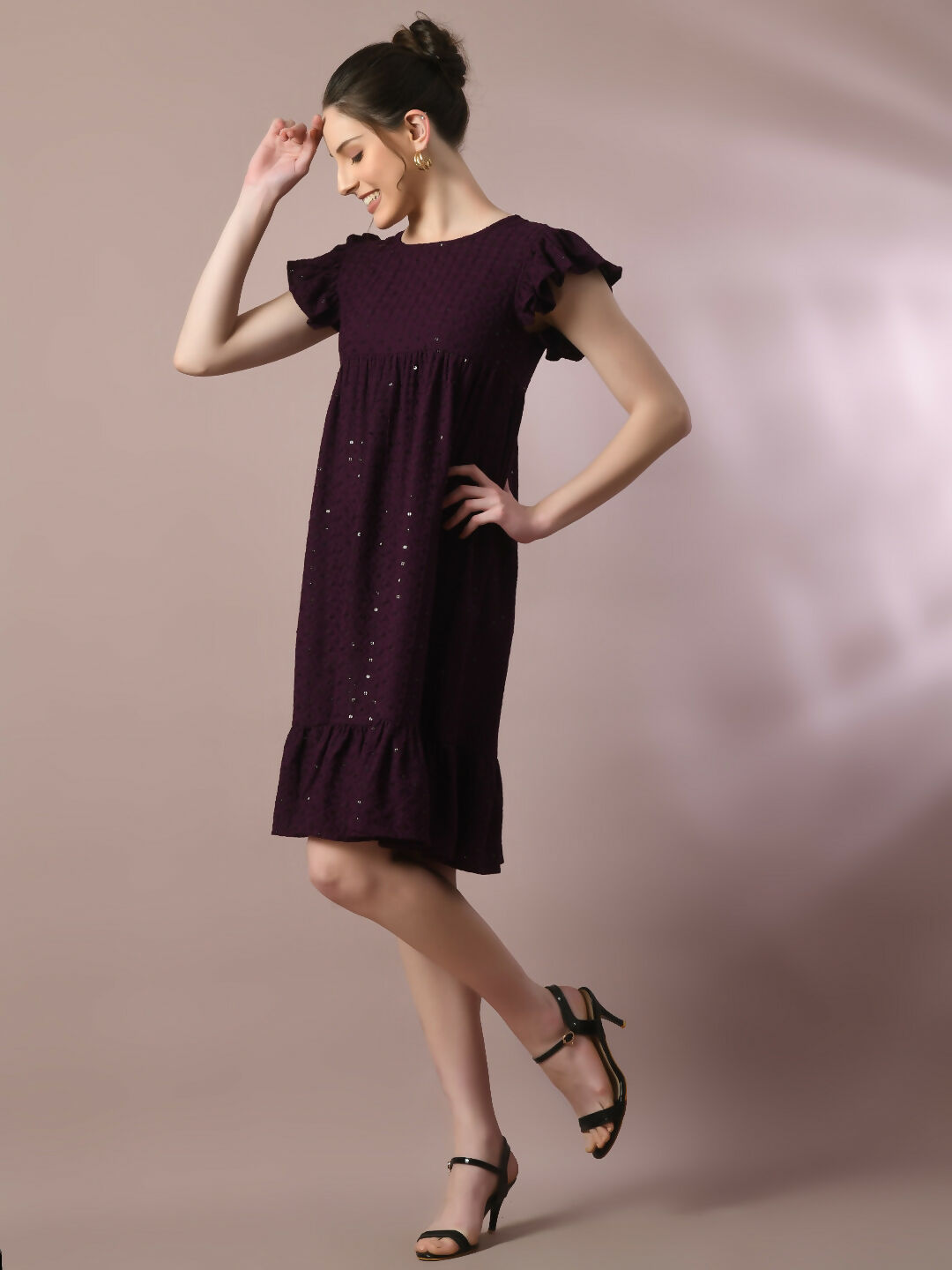 Myshka Women's Violet Embroidered Cotton Round Neck A-Line Party Dress | Grocsy
