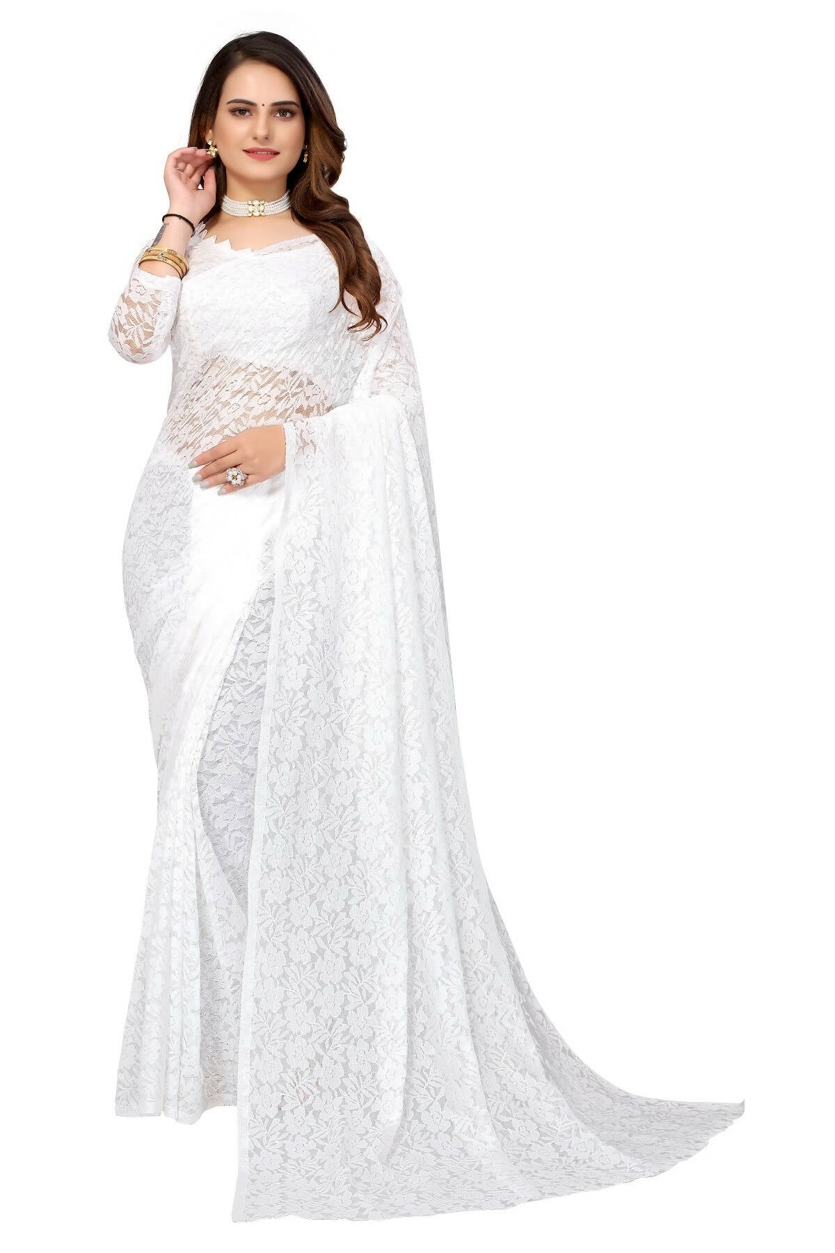 Vamika White Pearls Net Saree | Grocsy