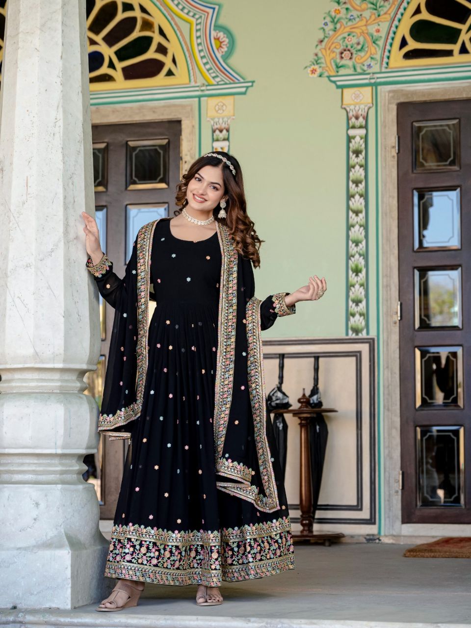 Prazu Fashion Black Faux Georgette Embroidered Gown With Dupatta | Grocsy