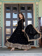 Prazu Fashion Black Faux Georgette Embroidered Gown With Dupatta | Grocsy